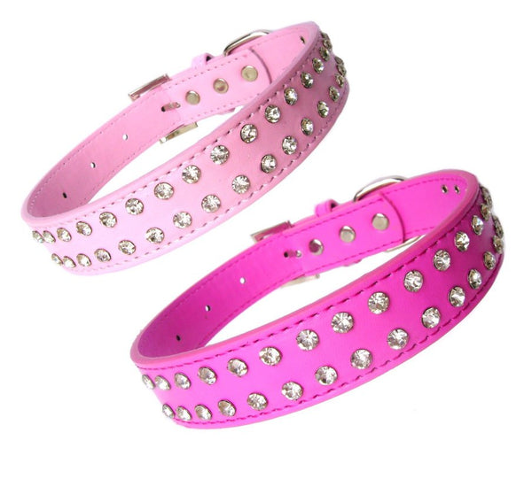 Deep Pink 2-Row Rhinestone Diamante Dog Collars