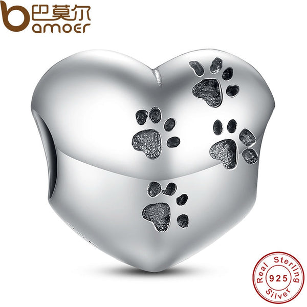925 Sterling Silver My Sweet Pet Paw Print Charm Fit  Bracelet Necklace Heart Bead Accessories Jewelry Making PAS001