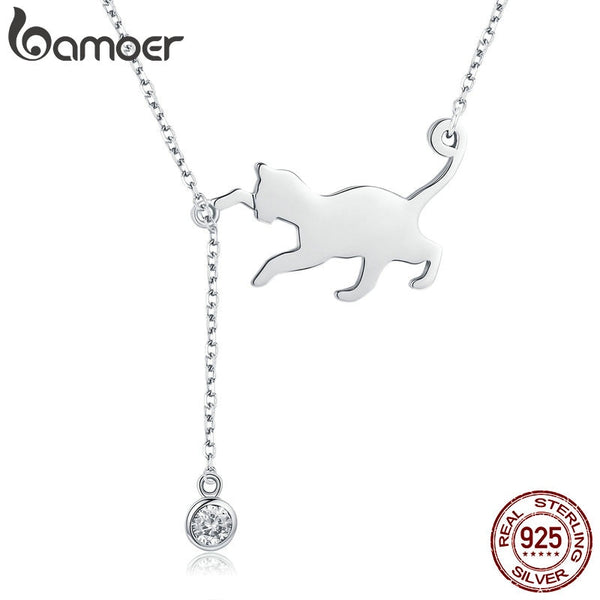 BAMOER Fashion Genuine 925 Sterling Silver Cute Pet Pussy Cat Chain Pendant Necklace for Women Sterling Silver Jewelry SCN232