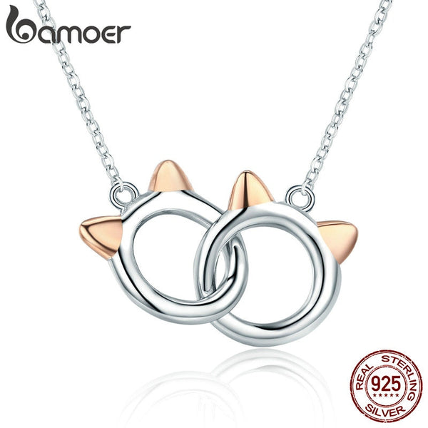 BAMOER New Arrival Genuine 925 Sterling Silver Pet Cat Handcuffs Cute Animal Pendant Necklaces Women Silver Jewelry Gift SCN252
