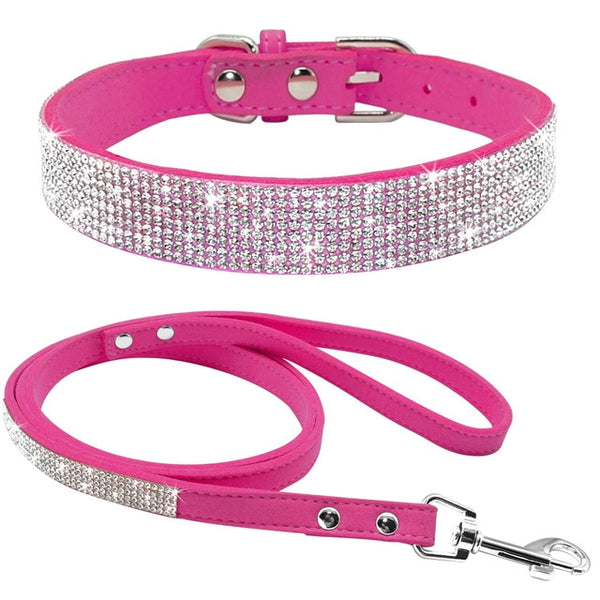 Adjustable Suede Leather Puppy Dog Collar Leash Set Soft Rhinestone Small Medium Dogs Cats Collars Walking Leashes Pink XS S M