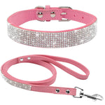 Adjustable Suede Leather Puppy Dog Collar Leash Set Soft Rhinestone Small Medium Dogs Cats Collars Walking Leashes Pink XS S M